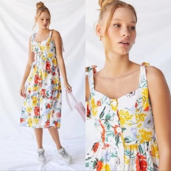 Urban Outfitters Positano Linen Tie Shoulder Midi Dress Cotton Floral Size Small - Picture 1 of 3
